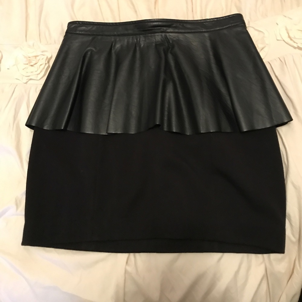 Black leather & cotton peplum mini  skirt