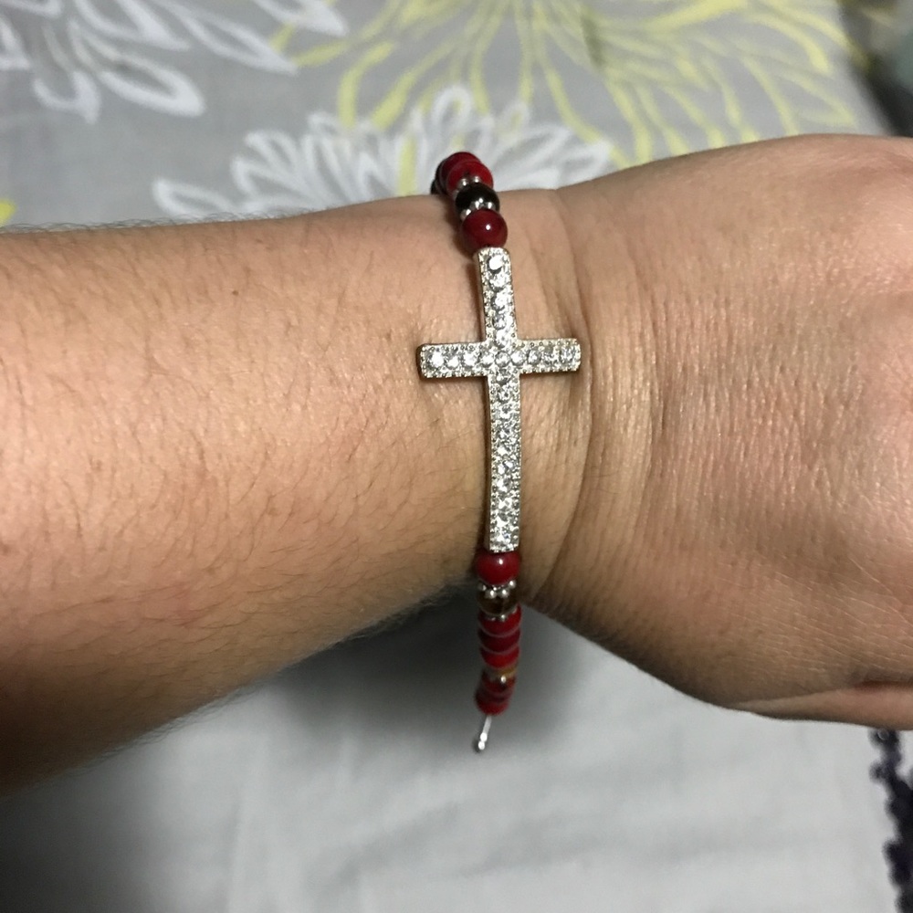 Coral & tiger eye cross bracelet