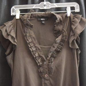 Brown, sheer, ruffled blouse with camisole