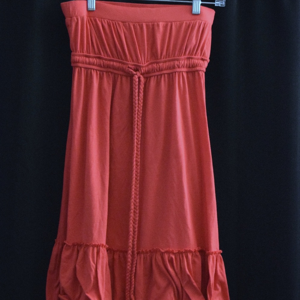 Red strapless dress with ruffle details
