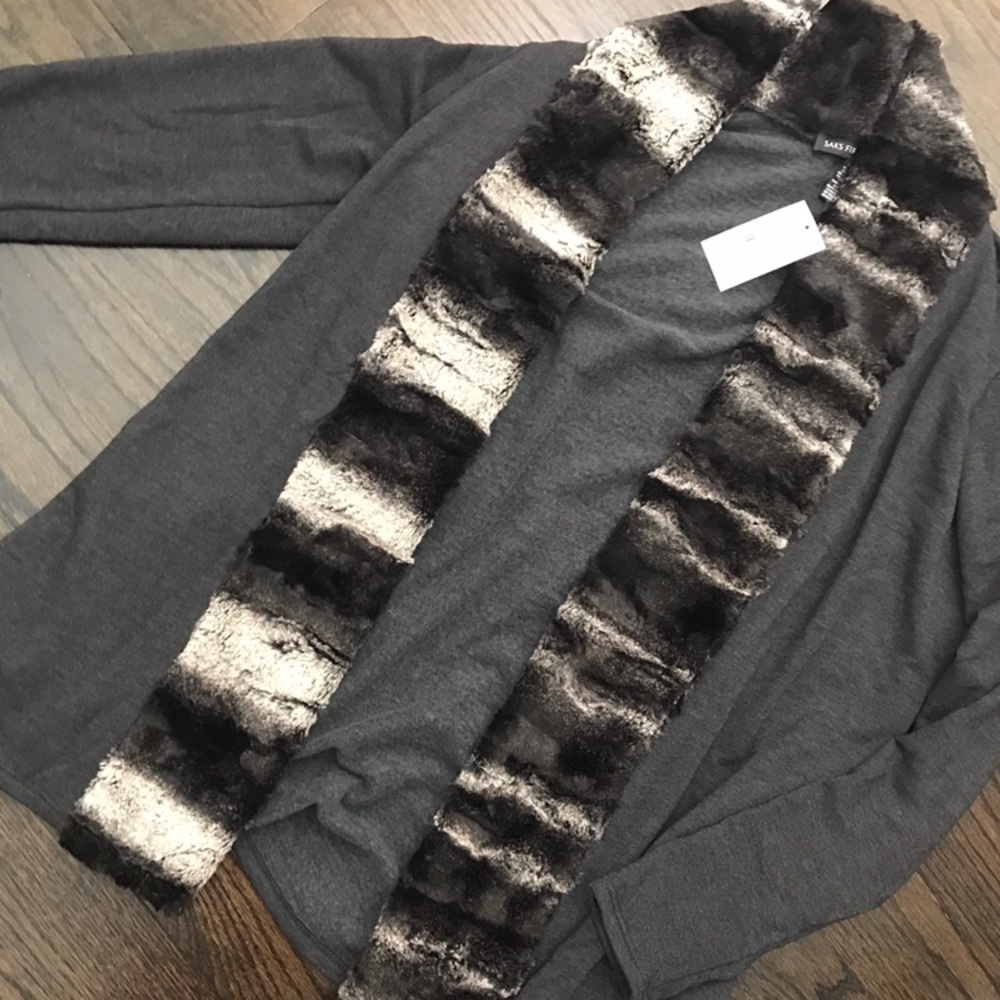 NWT Saks Fifth Avenue Gray Cardigan Fur Collar