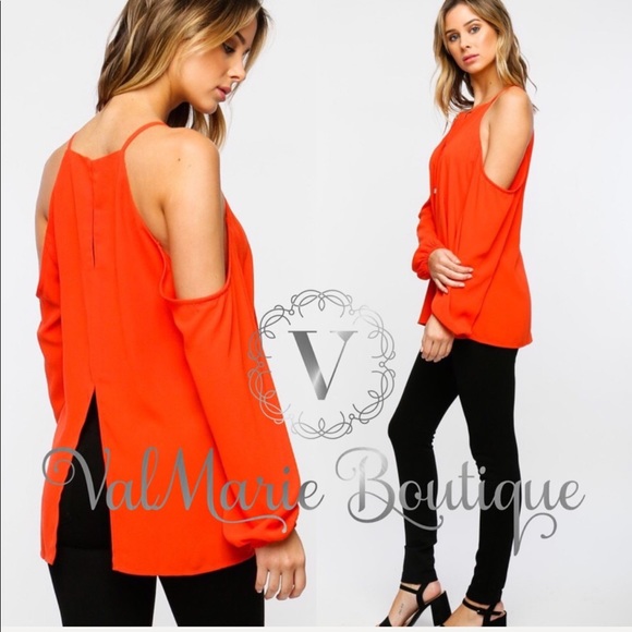 Fall / Autumn Tangerine Cold Shoulder Blouse Top - Picture 2 of 3