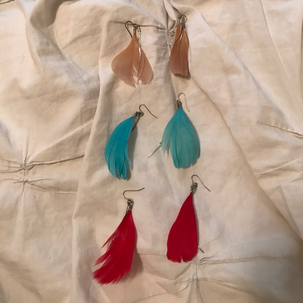 Beige, blue, red dangle feather earrings