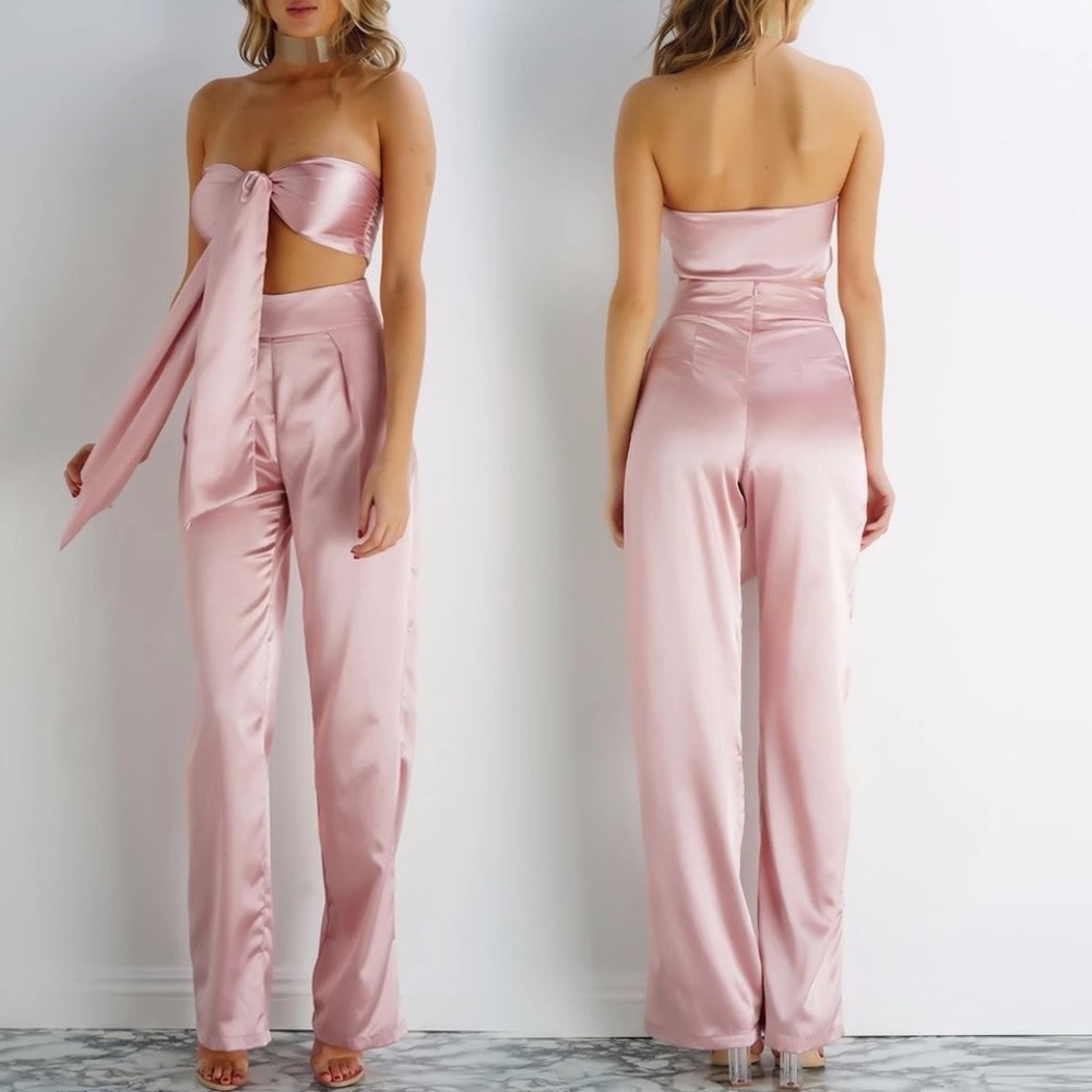 Two piece satin loose pants tie crop top set silk