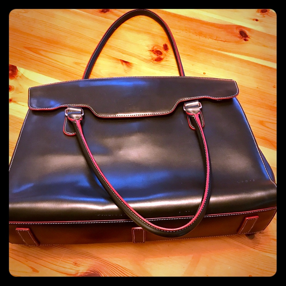 Large black #Lodis bag with red accents