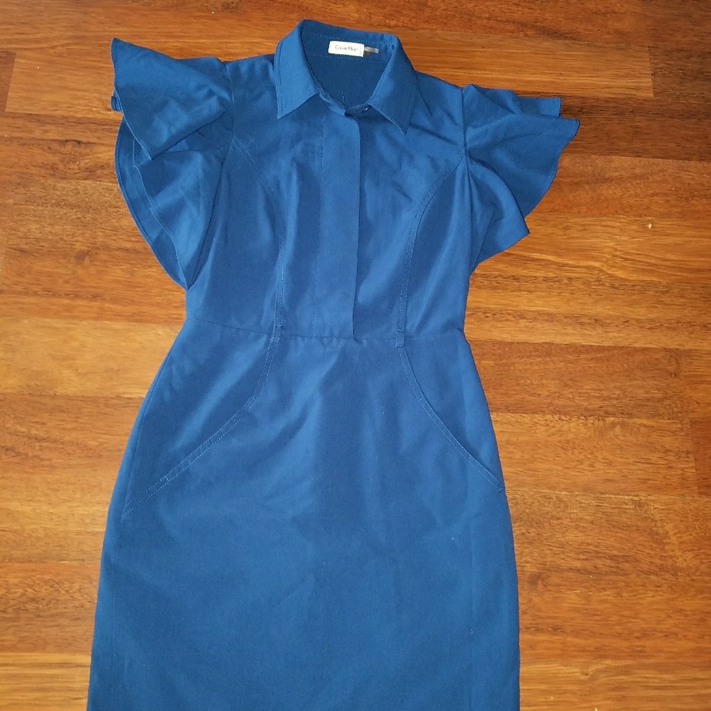 Calvin Klein blue ruffled sleeve dress