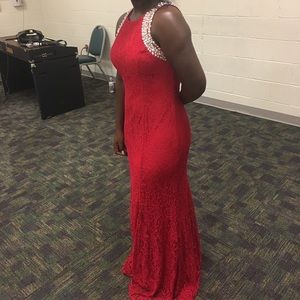 Red lace evening gown