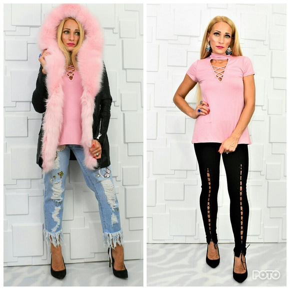 PINK CHOKER TOP WITH LACE UP NECKLINE - Picture 3 of 3