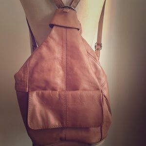 Tan brown leather mini backpack crossbody purse