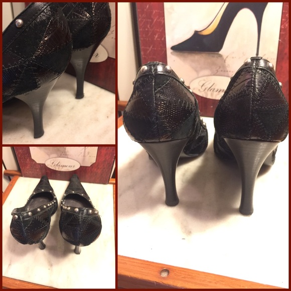 SZ 8-CARLOS SANTANA BLACK TEXTURED LEATHER 4"PUMPS - Picture 6 of 8