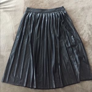 Black Leather Pleated Midi Skirt