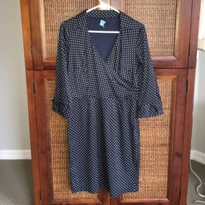 polka dot faux wrap style dress navy 3/4 sleeve 6