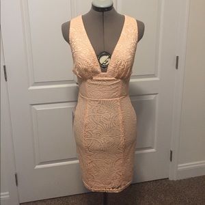 BEBE fitted deep V lace dress w/ open back detail