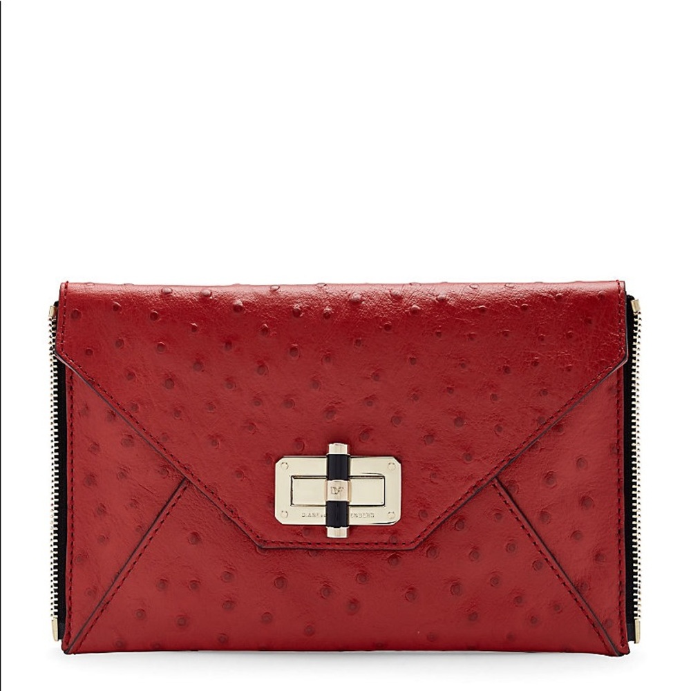 DVF Agent Sophia Embossed Ostrich Zip Clutch