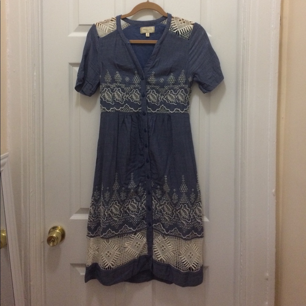 Anthro Chambray Dress with crochet and pockets