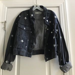 Topshop Black Denim Jacket with Pearl Detail