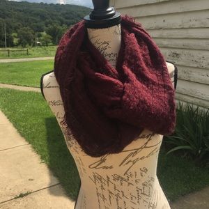 maroon infinity scarf with frayed ends