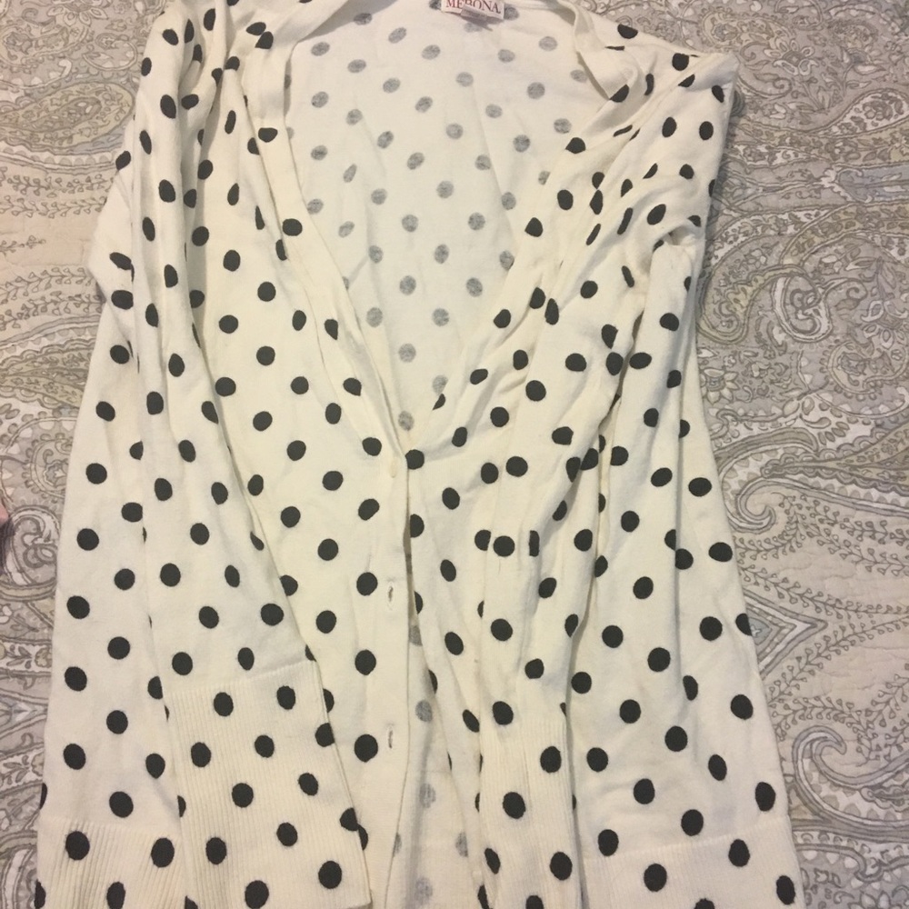 White cardigan with black polka dots!