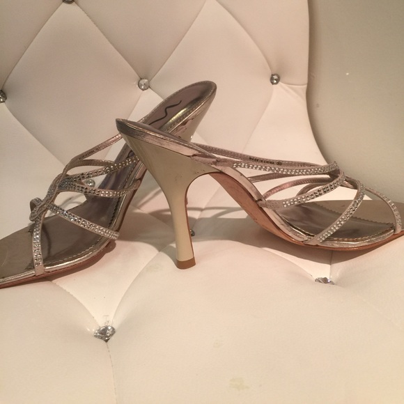 Taupe Satin Bling Slides, Comfortable & Elegant - Picture 3 of 5