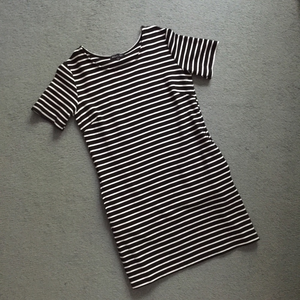 Ponte Knit Black & White Striped Shift w/ Pockets