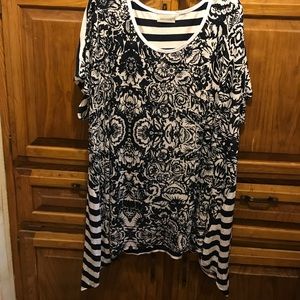 Navy and white knit blouse