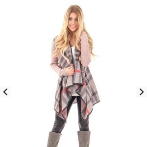 TAN PLAID DRAPE COLLAR CARDIGAN size M/L