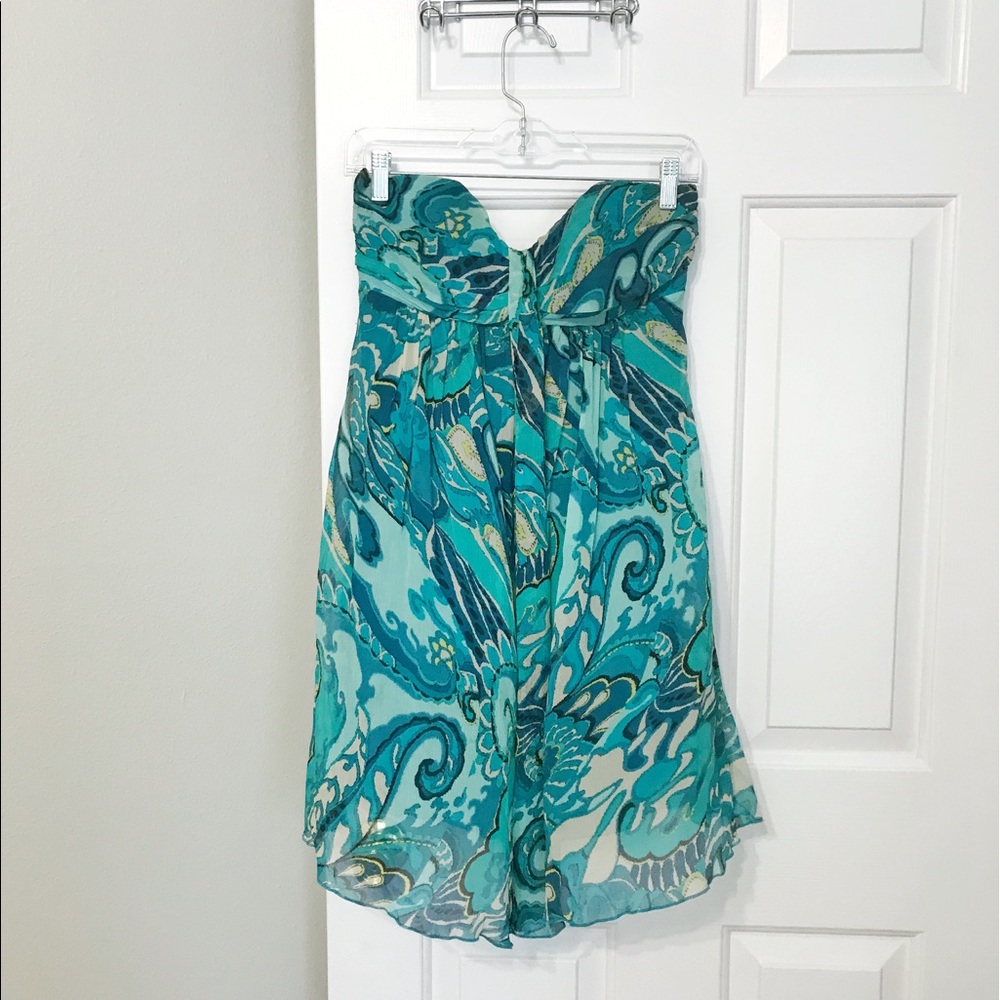 Express 4 blue green print strapless dress