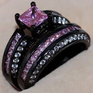 Pink Stones & Black Gold Filled ring set