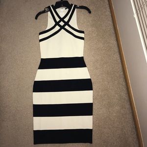 Black and ivory striped power knit dress