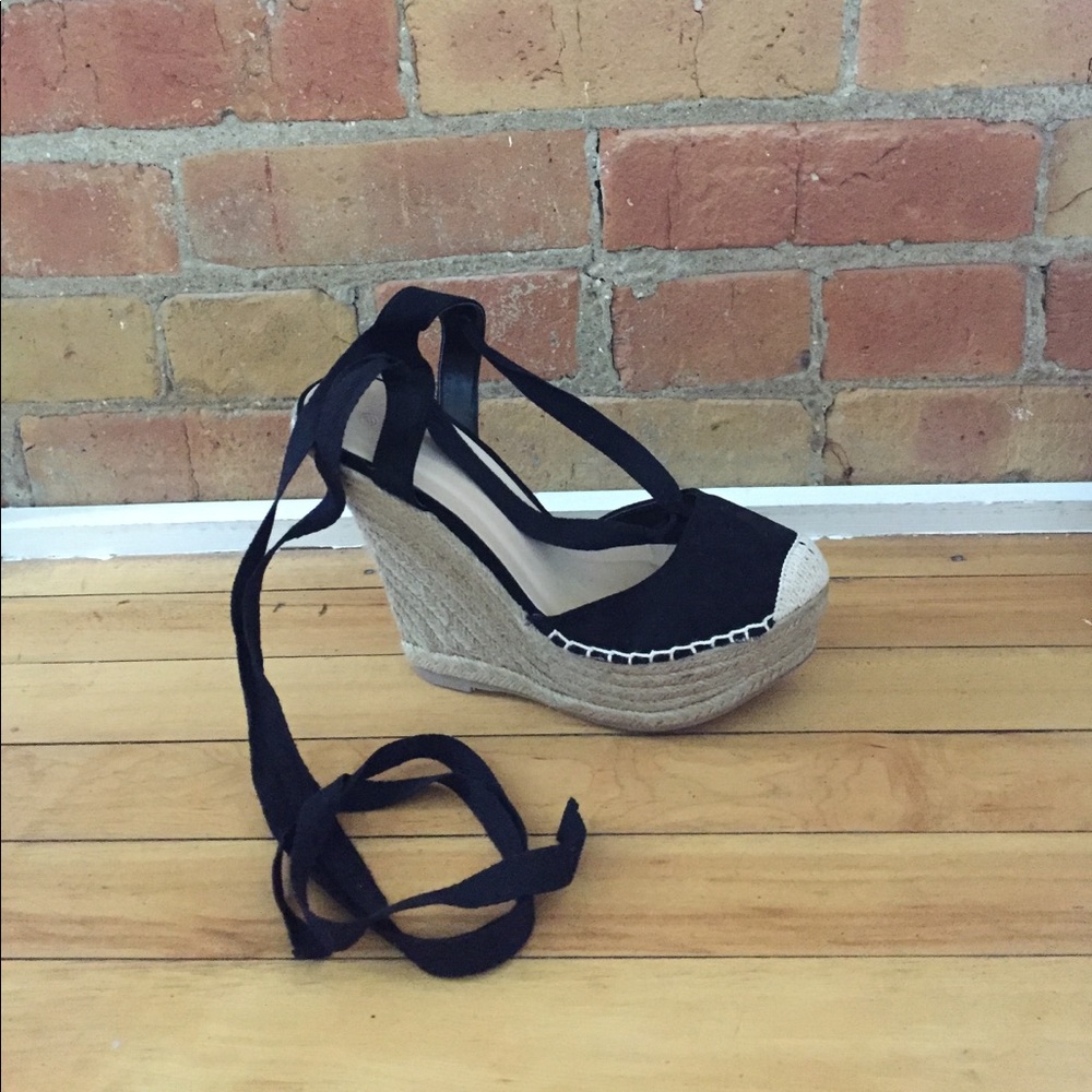 Never worn. Crochet Ankle Wrap Espadrille Wedge