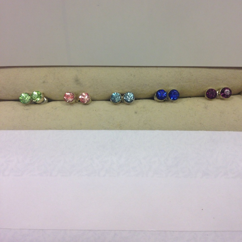 Earrings, 5 pairs, pink, green, blue, purple studs