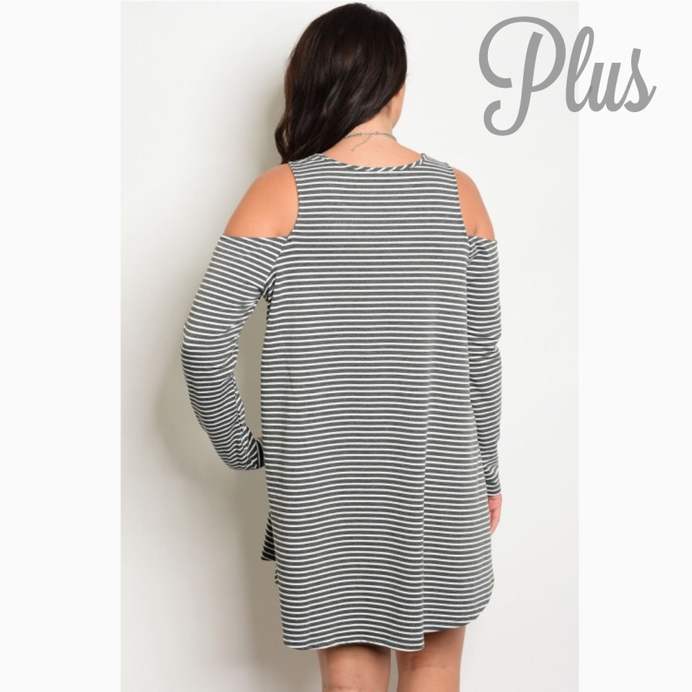 Gray & White Striped Cold Shoulder Dress - Picture 2 of 3