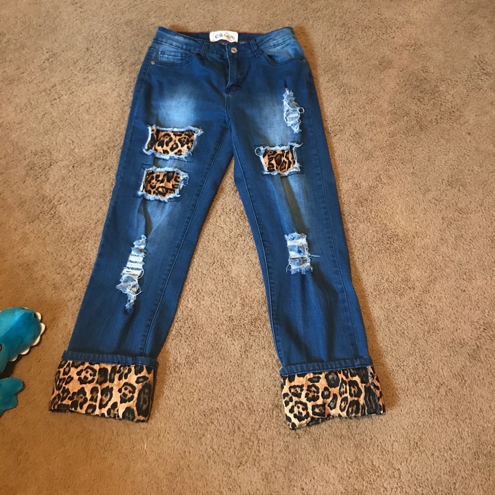 Size 8 Leopard cut out jeans