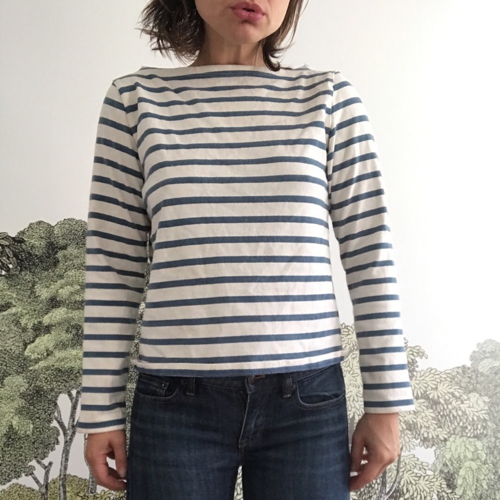 Blue and white striped long sleeved Uniqlo shirt
