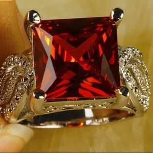 Square Cubic Cut Garnet Women Silver Plated Ring