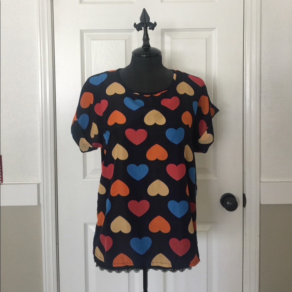 NWOT Navy Blue with hearts blouse