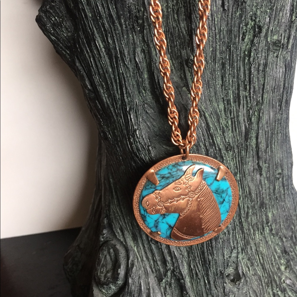 Solid Copper And Turquoise Horse Pendant - image 1