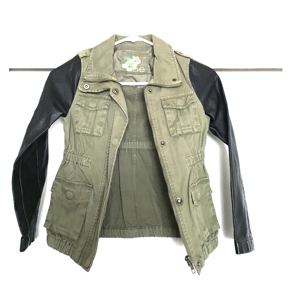 olive green military jacket with leather sleeves