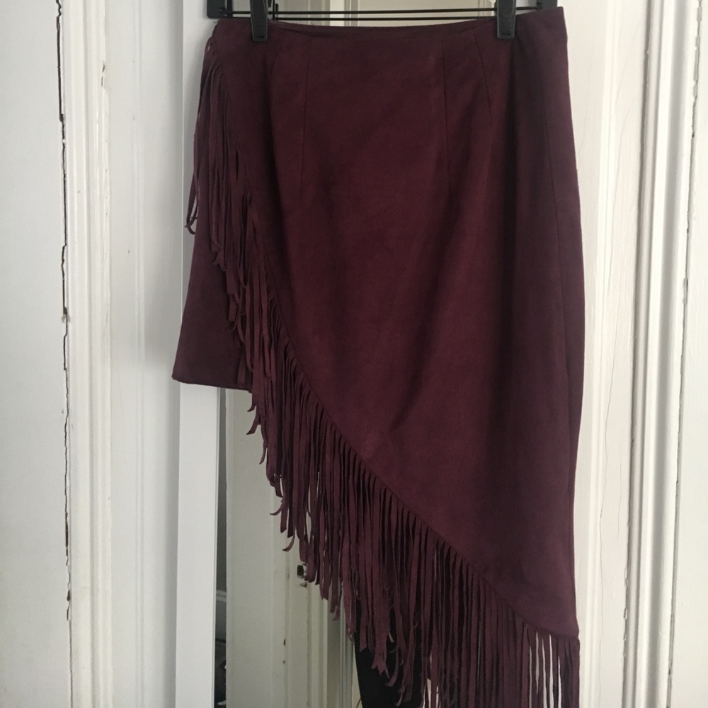 Plum colored suede hi lo fringe mini skirt