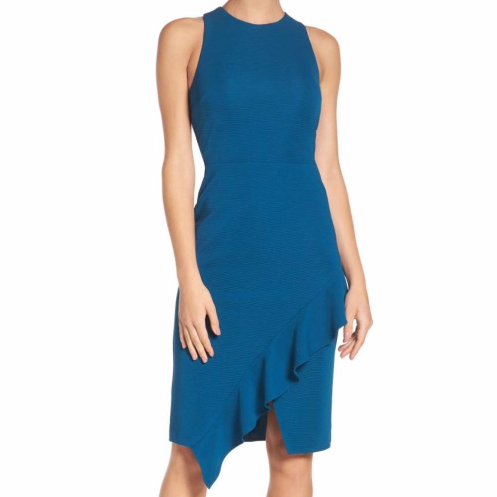 Charles Henry Asymmetrical Blue Dress w Ruffle Hem