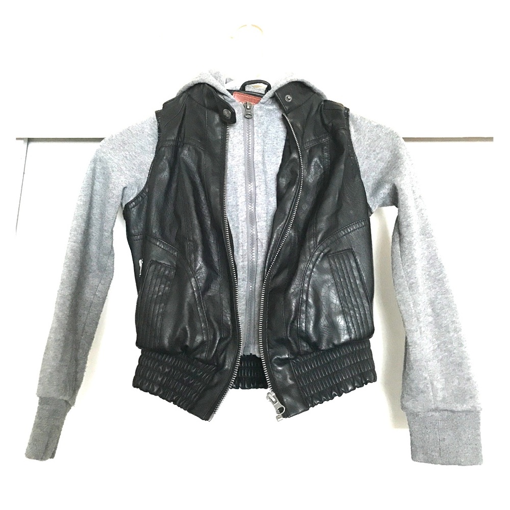 hooded leather jacket with sweatshirt sleeves