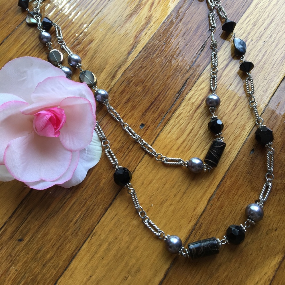 Black and silver long statement necklace