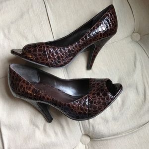Brown snakeskin peep toes