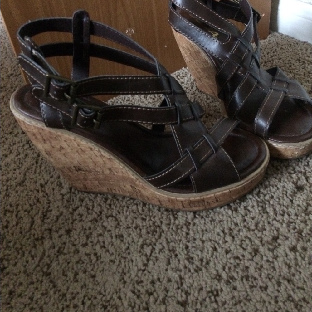 Brown crisscross strap wedges