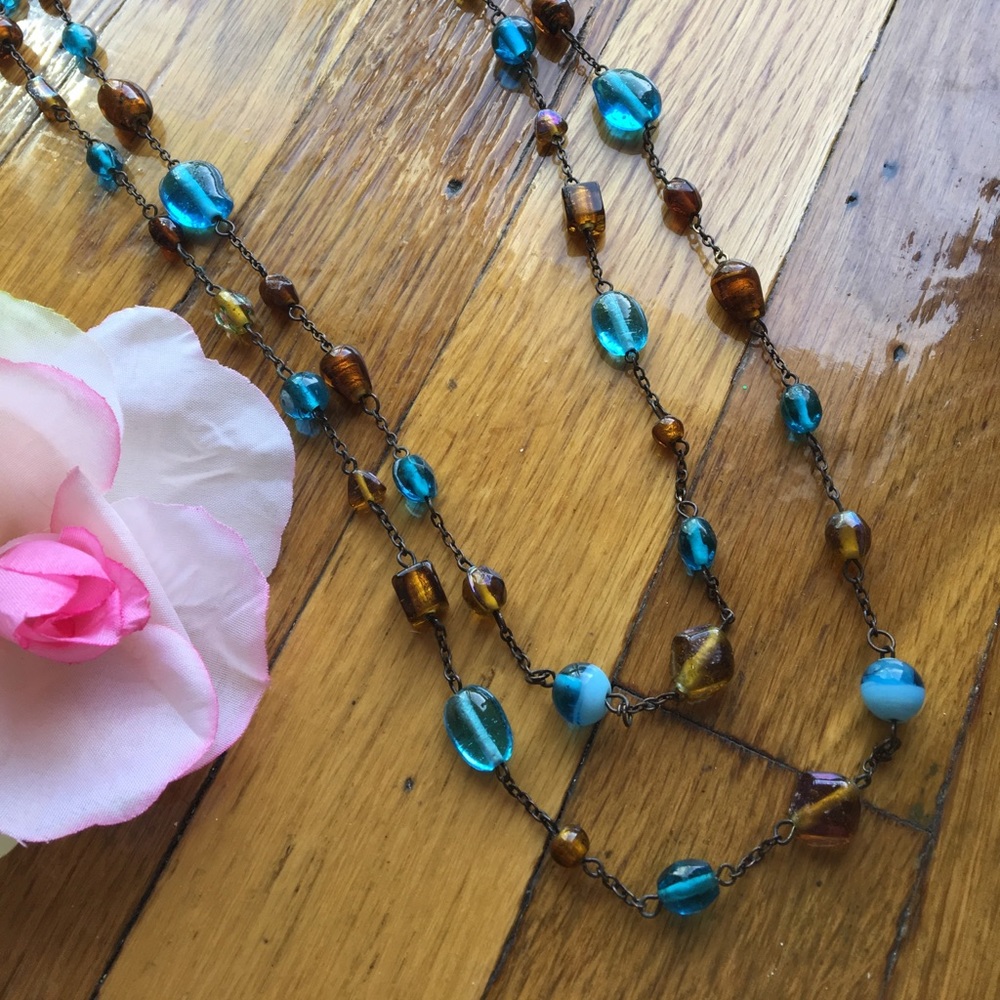 Blue and brown long beaded necklace