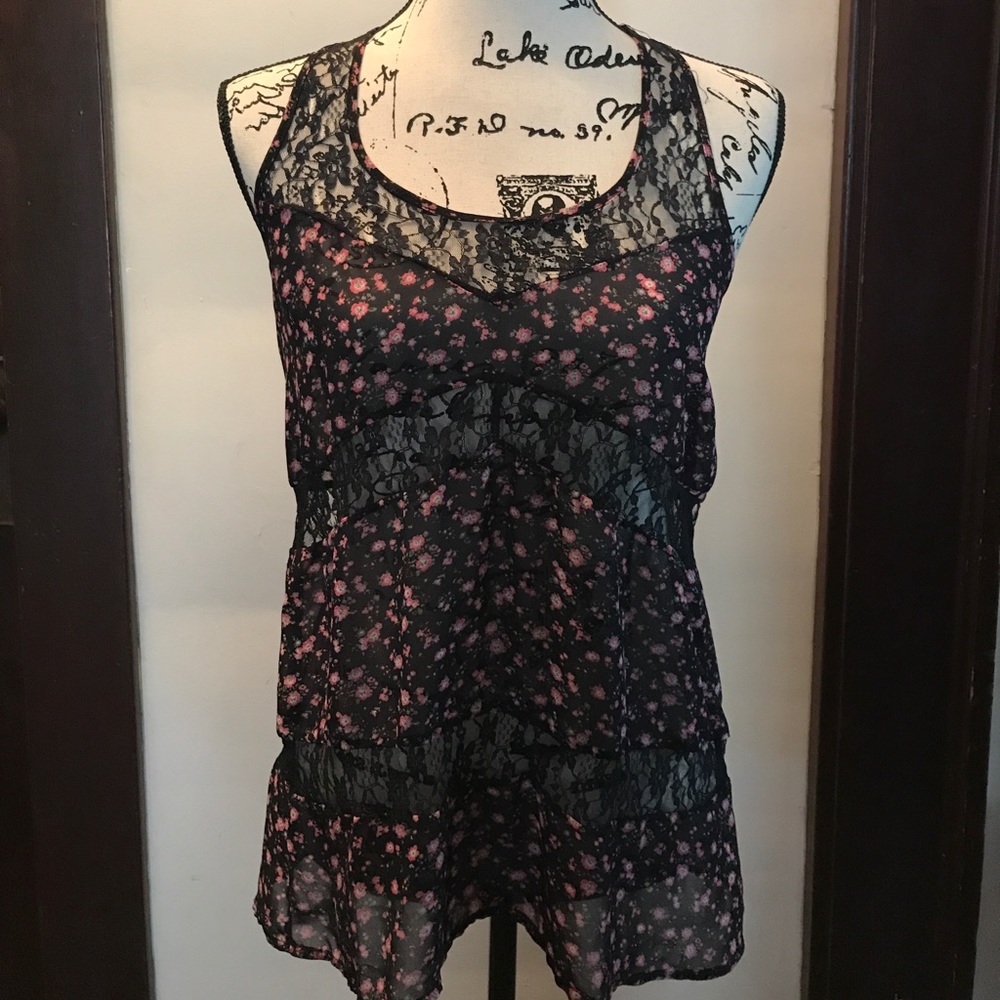 Sheer floral blouse with lace detail