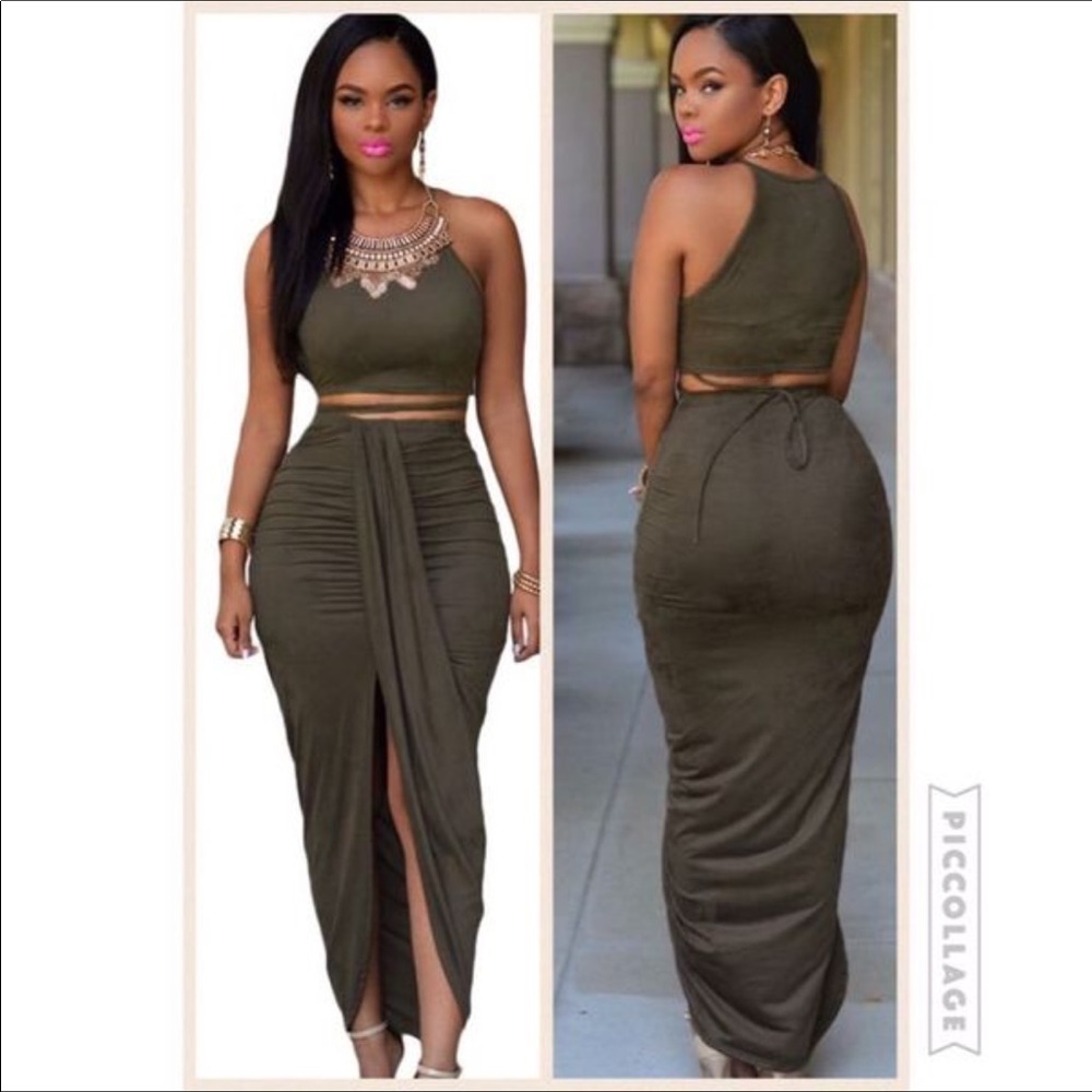 Faux suede olive green skirt set
