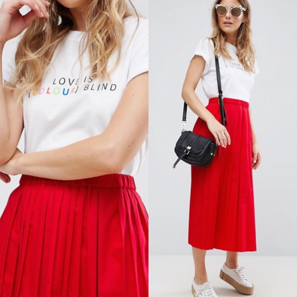 NEW ASOS Midi Red Pleated Skirt in Cotton