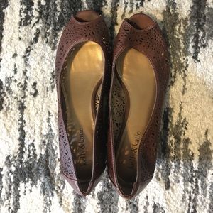 Peep toe laser cut cork wedge heels, size 8.5