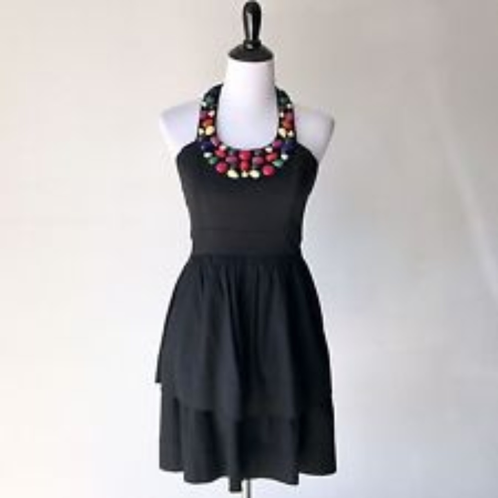 Shoshanna Tiered Black Embellished Halter Dress